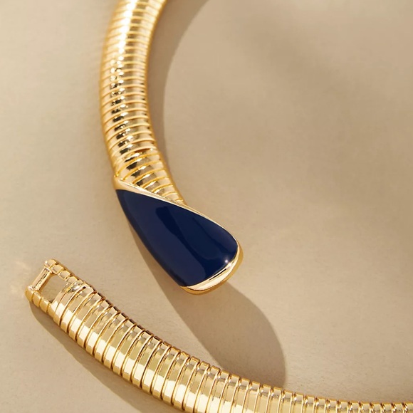 Anthropologie ENAMEL Gold Navy RIBBED COLLAR NECKLACE - Picture 3 of 3